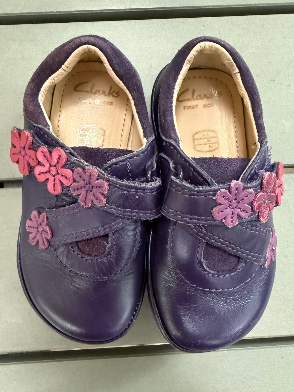 Clarks Kids Purple Leather Mary Jane Shoes with Pink Flower Accents, 4.5 month